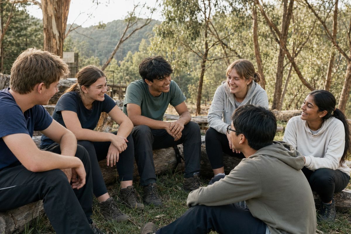 Students connecting with friends during a school camp at Woodhouse