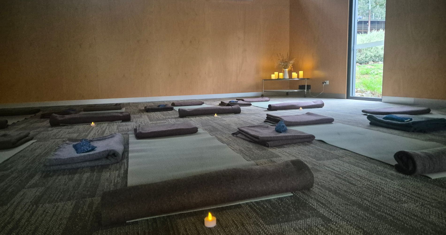 Relaxing Yin Yoga setup at Grounded, Woodhouse Adventure Park