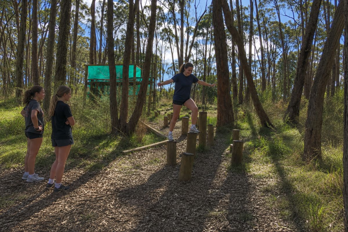 Student building confidence during a school camp activity at Woodhouse